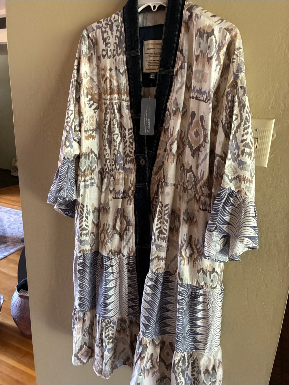 Tiered Boho Open-Front Kimono Coat in Beige & Gray